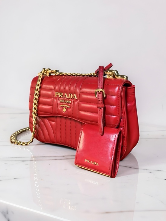 Prada Handbags - Prada Diagramme Quilted Leather Shoulder Bag in Red with Chain Strap Crossbody